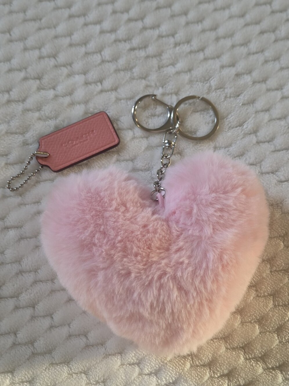 Coach Pink Hang Tag And Furry Pink Heart Keychain Set.